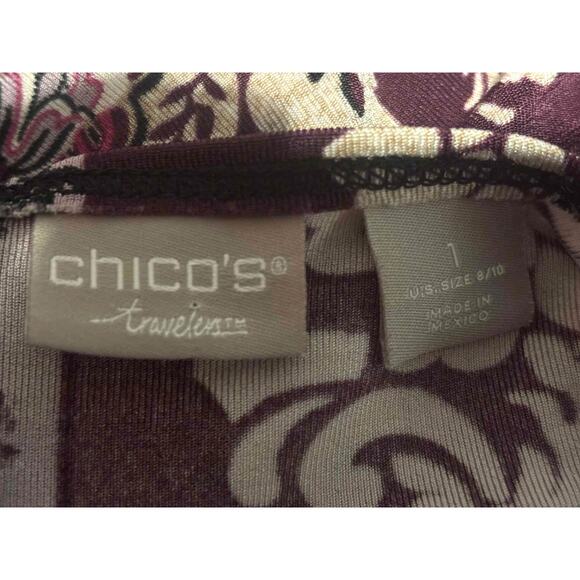 New Chico's Travelers Dress Size 1 (8/10) Burgundy Black Damask Floral 3/4 Slv - Picture 3 of 3